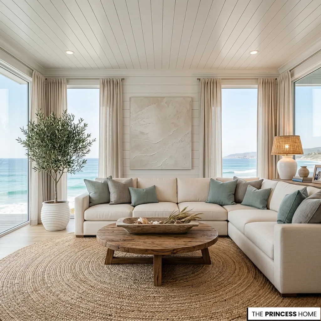 Coastal living room with a beige sectional, sage green pillows, round jute rug, potted olive tree, and bright ocean views.