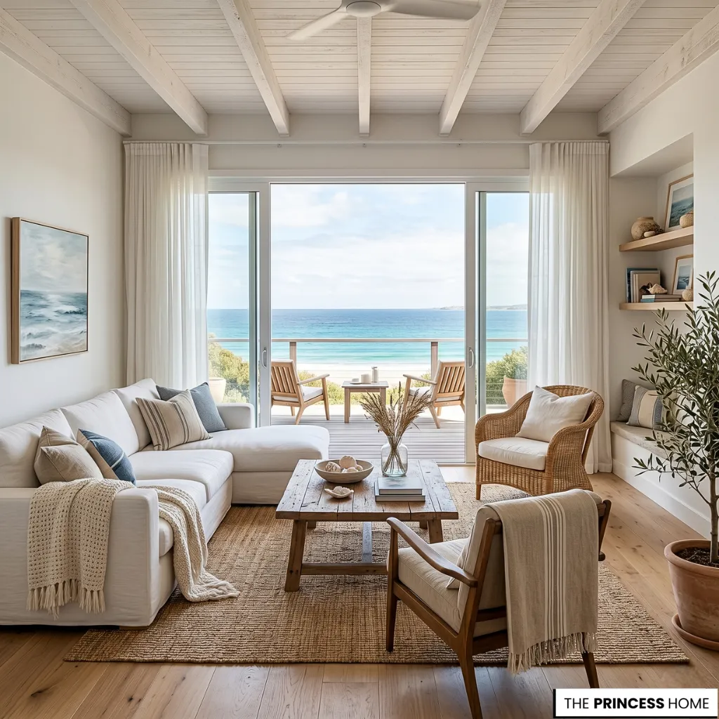 Coastal living room with a white sofa, wooden coffee table, jute rug, and large sliding doors opening to an ocean view.