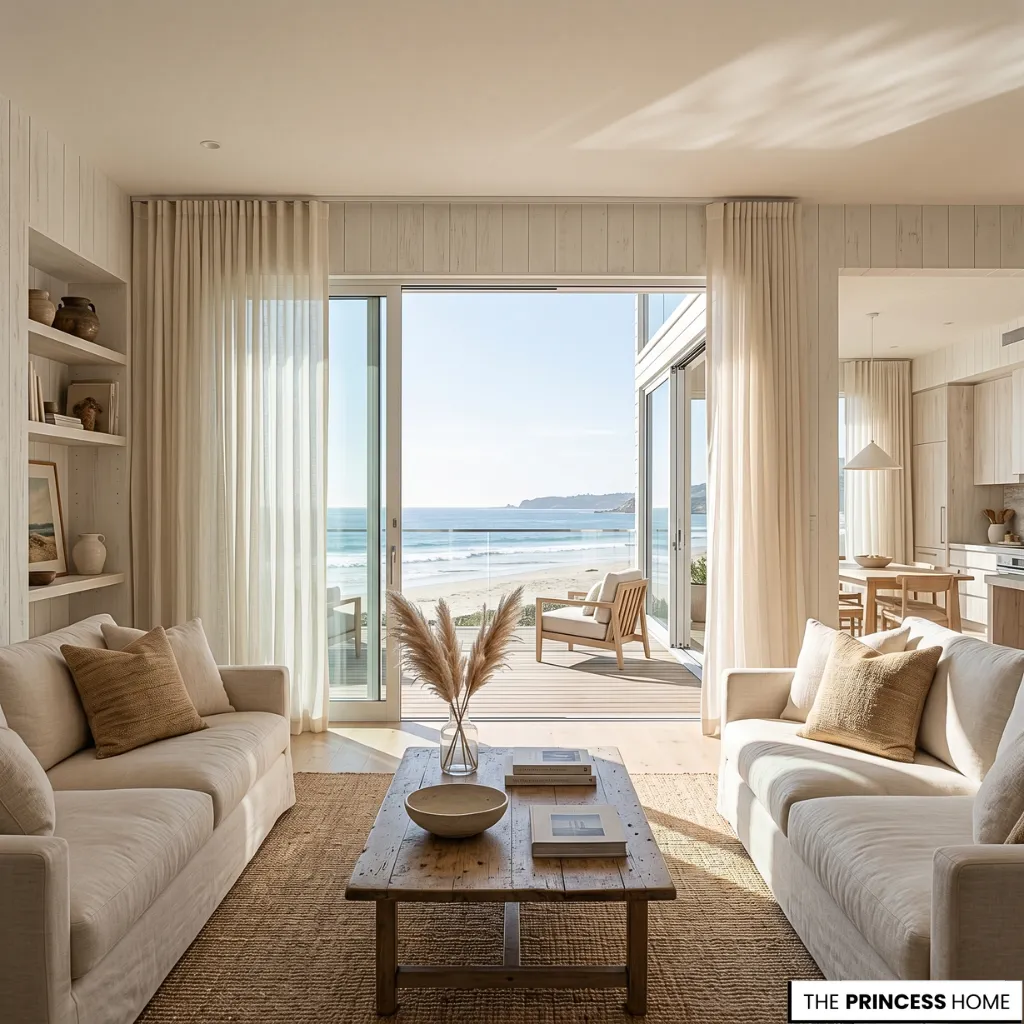 Bright coastal living room with cream sofas, a rustic wood coffee table, pampas grass, and a stunning beach view.
