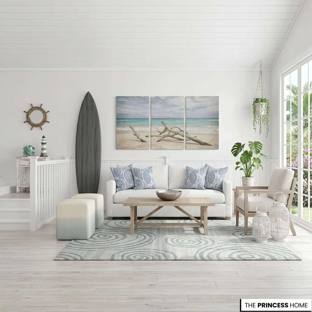 Coastal themed living room with a white sofa, surfboard decor, three-panel beach artwork, and blue patterned pillows.