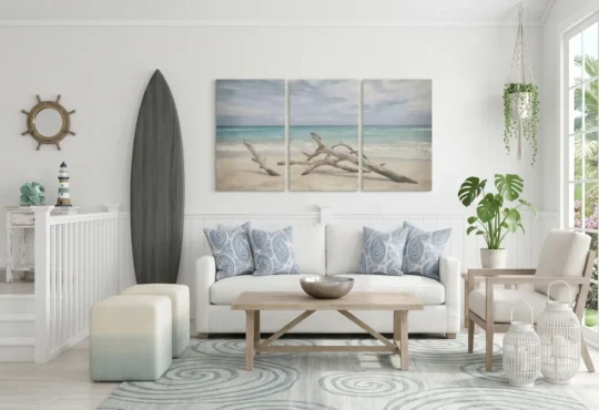 Bright coastal living room featuring a white sofa, decorative surfboard, triptych beach artwork, and blue paisley pillows.