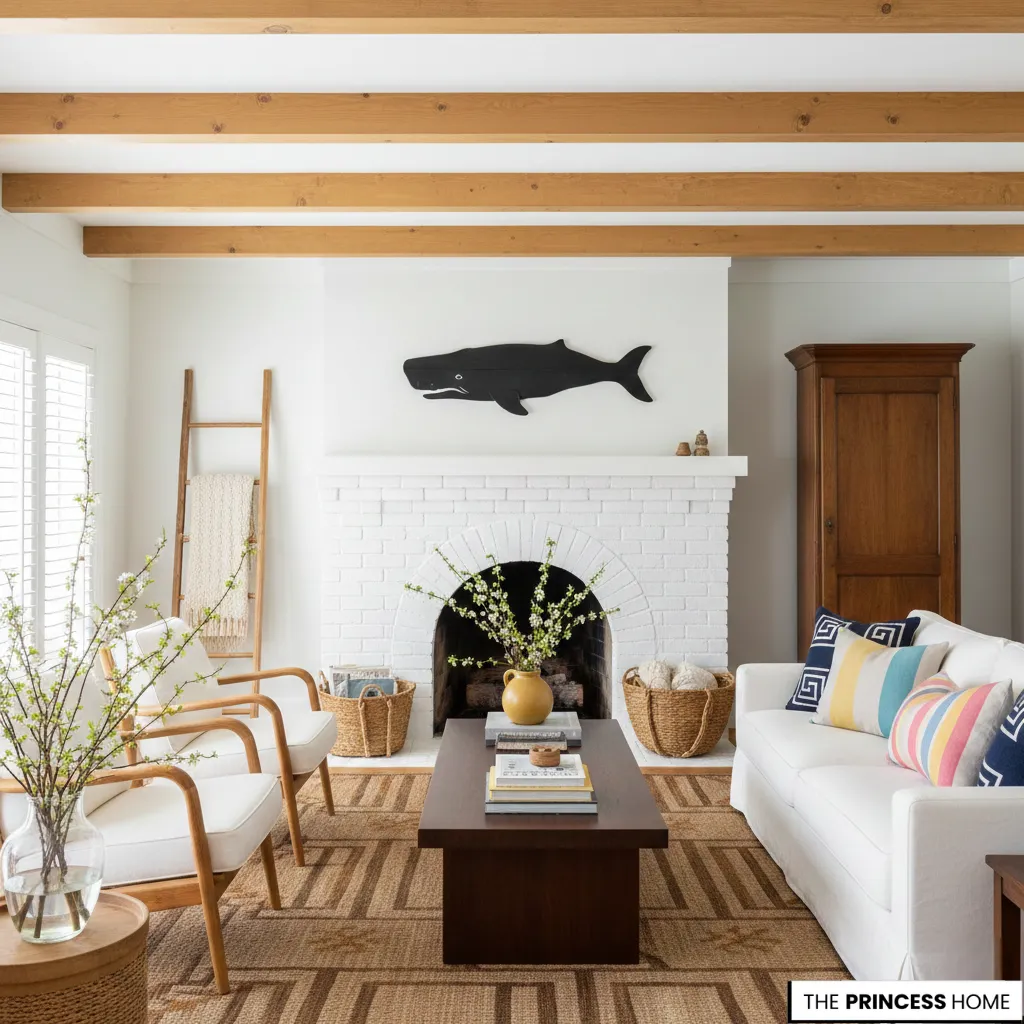 Coastal living room with a white brick fireplace, whale wall decor, wood-beamed ceiling, and woven storage baskets.