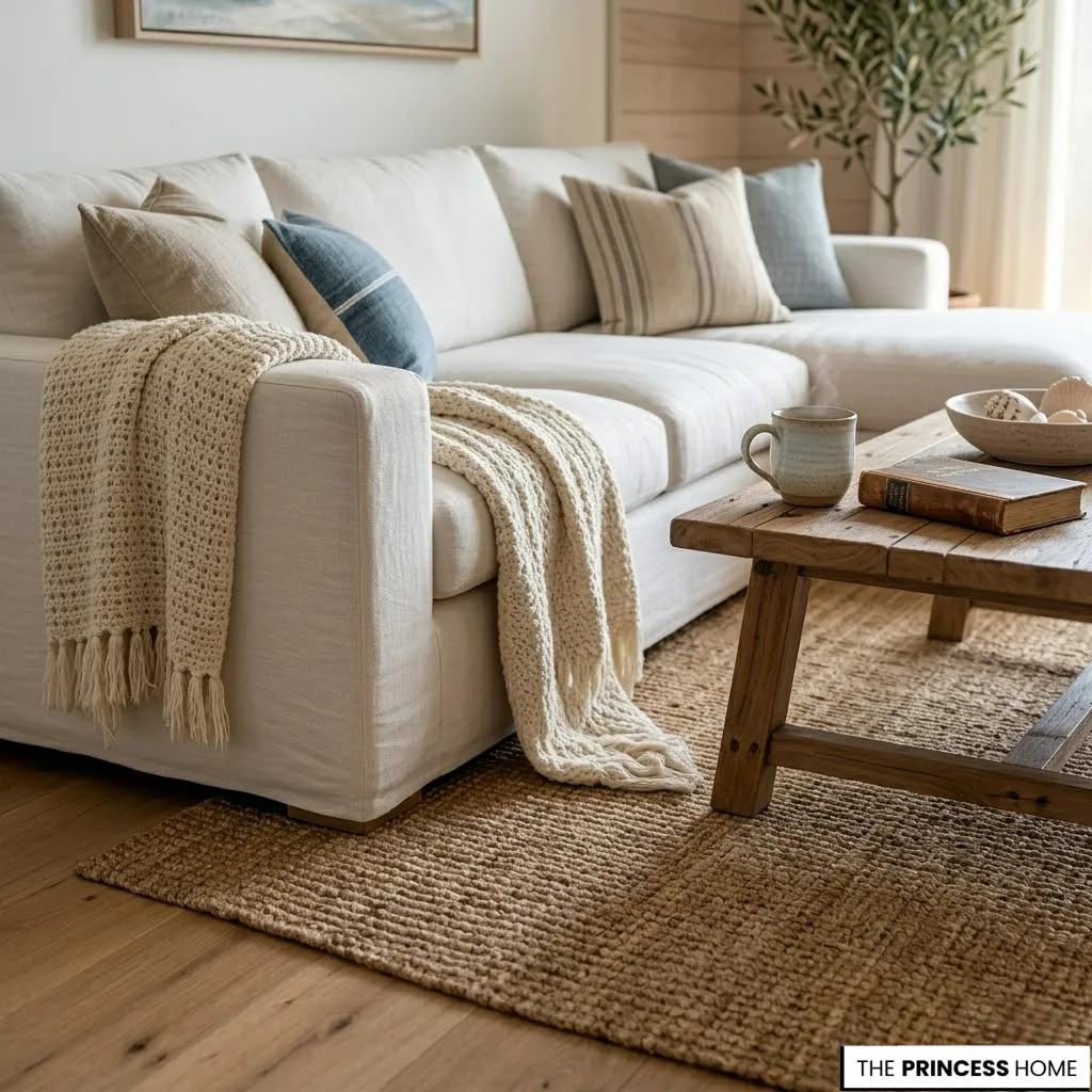 Coastal living room with a plush white sectional sofa, knit throw blanket, jute rug, and rustic wooden coffee table.