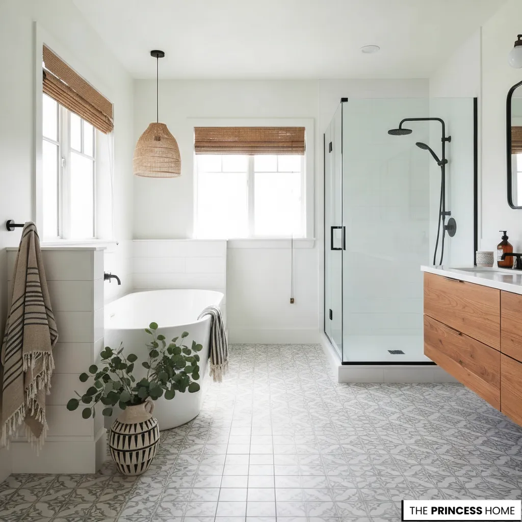 Coastal minimalist bathroom featuring a freestanding tub, glass shower, woven pendant light, and patterned floor tile.