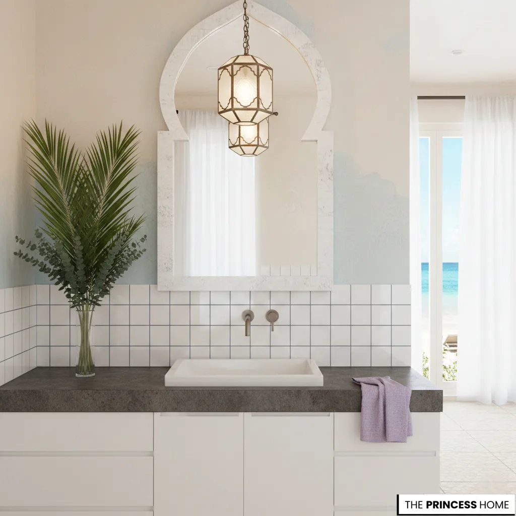 Coastal Moroccan bathroom with an arched keyhole mirror, lantern pendant light, and ocean views.