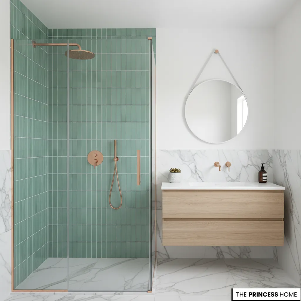 Modern coastal bathroom with green vertical tiles in a glass shower, floating wooden vanity, and round mirror.