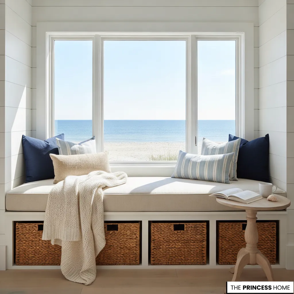 Cozy coastal window seat featuring blue pillows, a knit throw blanket, storage baskets, and an ocean view.