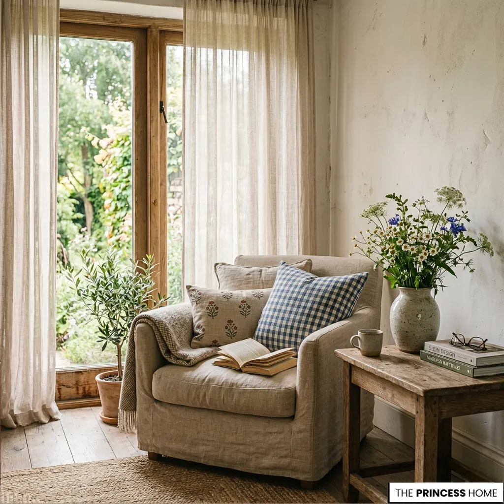 Cozy reading nook with a linen armchair, blue gingham pillow, open book, and wildflower vase by a sunlit garden window.