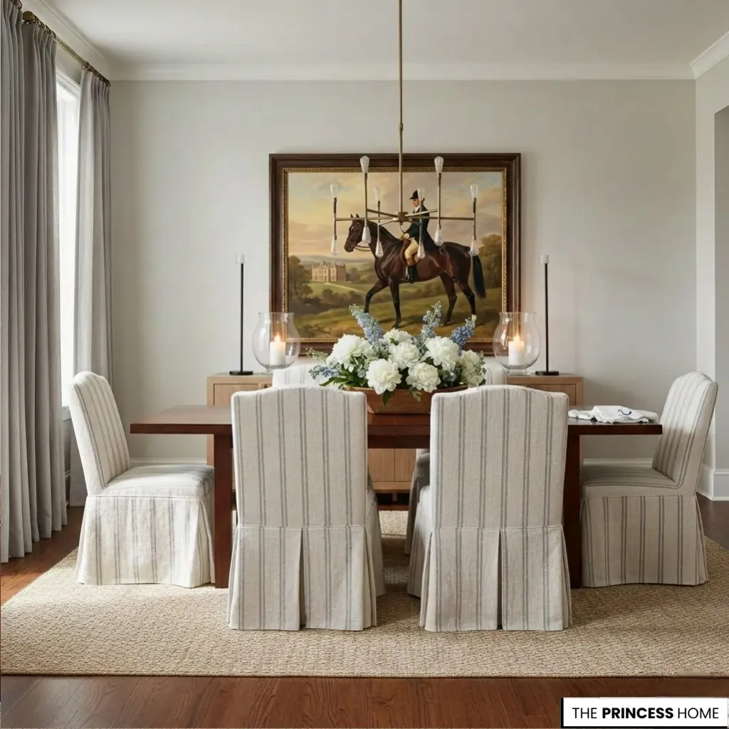 dining room featuring striped slipcover chairs, an equestrian painting, and a brass chandelier over white florals.