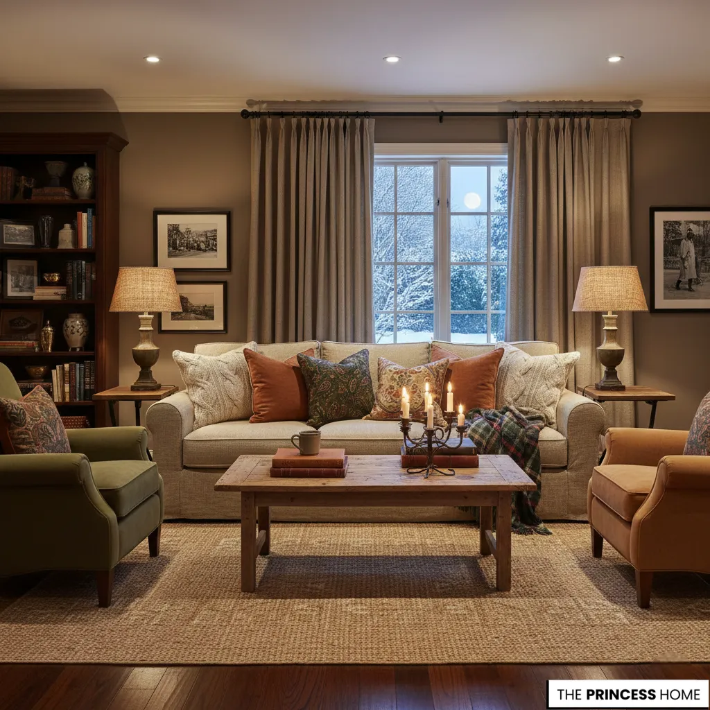 Grandmillennial living room with heritage style decor, a warm beige sofa, rust pillows, and a snowy window view.