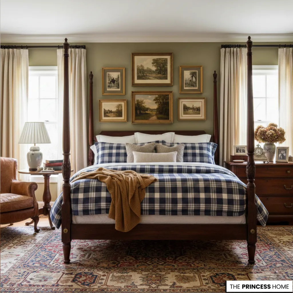 Tradition cottage bedroom with dark wood four-poster bed, blue and white plaid bedding, and curated vintage art gallery.