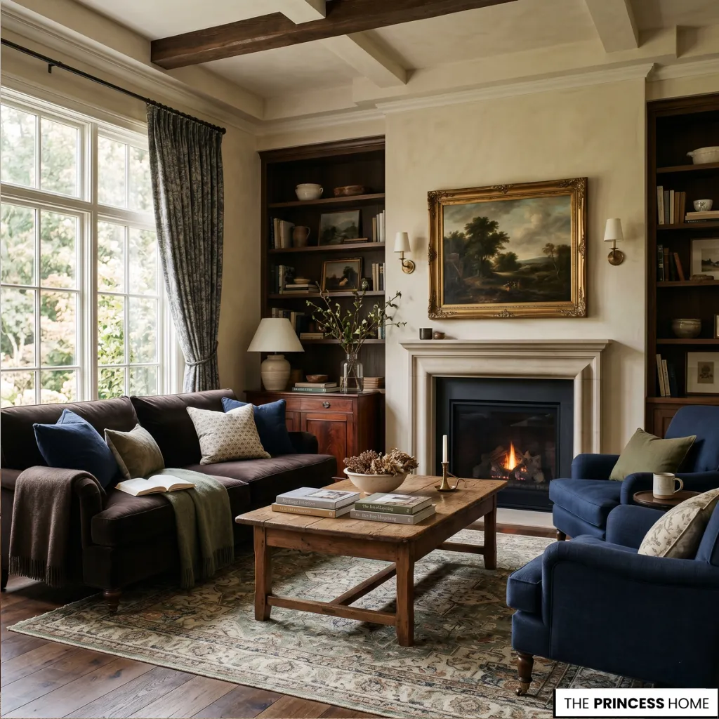 Cozy heritage living room with built-in bookshelves, a limestone fireplace, a brown velvet sofa, and blue armchairs.