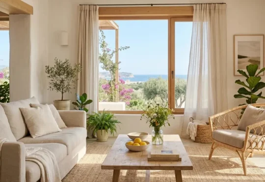 Luxury Mediterranean living room with a beige sofa, cane armchair, wooden coffee table, and a scenic ocean view.
