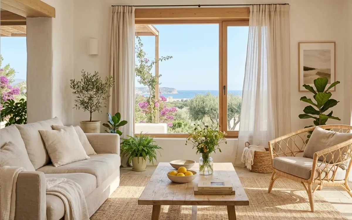Luxury Mediterranean living room with a beige sofa, cane armchair, wooden coffee table, and a scenic ocean view.
