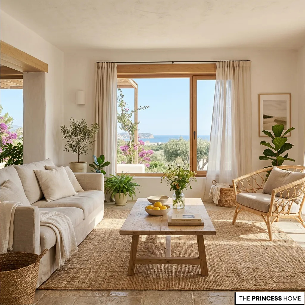 Mediterranean living room with a beige sofa, wooden table, cane chair, and large window showcasing a panoramic sea view.