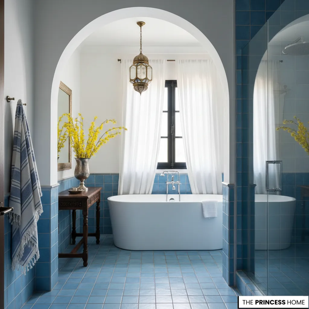 Mediterranean coastal bathroom with arched doorway, freestanding tub, blue tiles, and soft natural light.