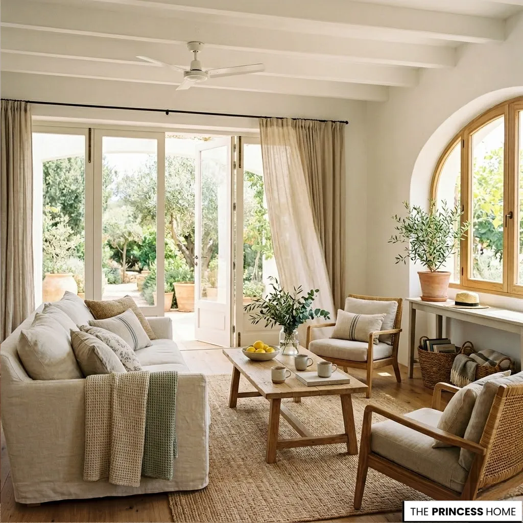 Mediterranean living room with a white linen sofa, wooden coffee table, and doors opening to an olive garden.