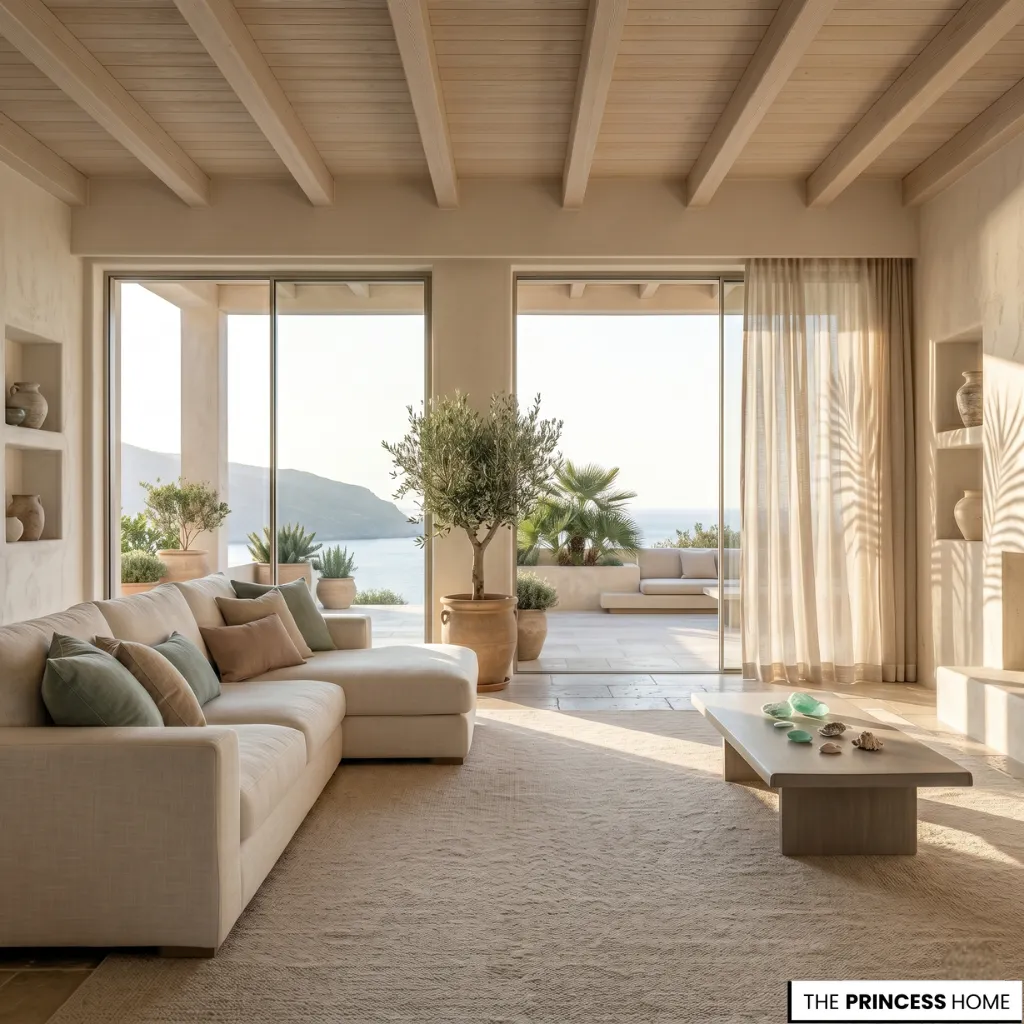 Mediterranean living room with a cream sectional, potted olive tree, wood-beamed ceiling, and open sliding doors to a terrace.