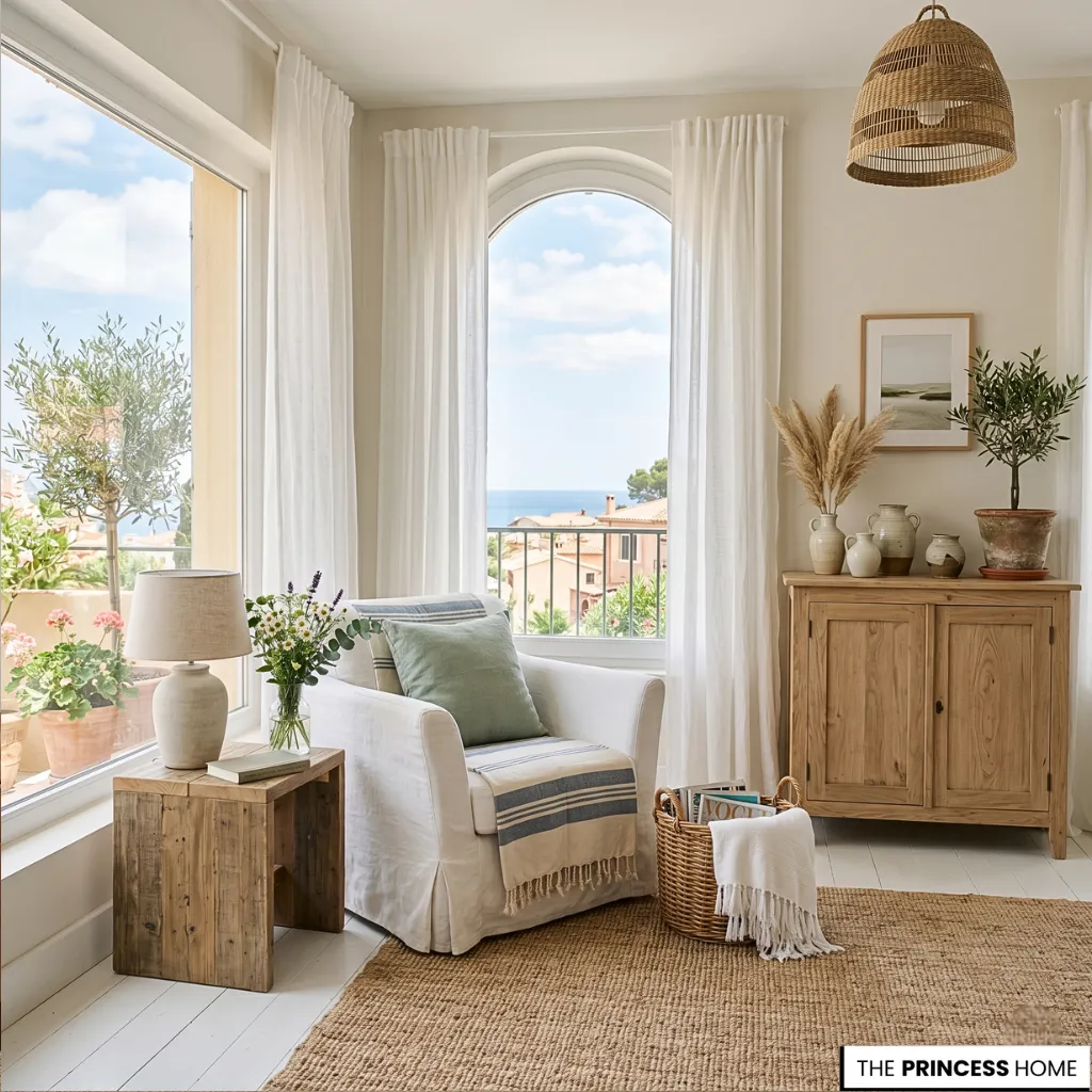 Bright Mediterranean living room with a white armchair, wooden cabinet, and large windows overlooking a coastal sea view.