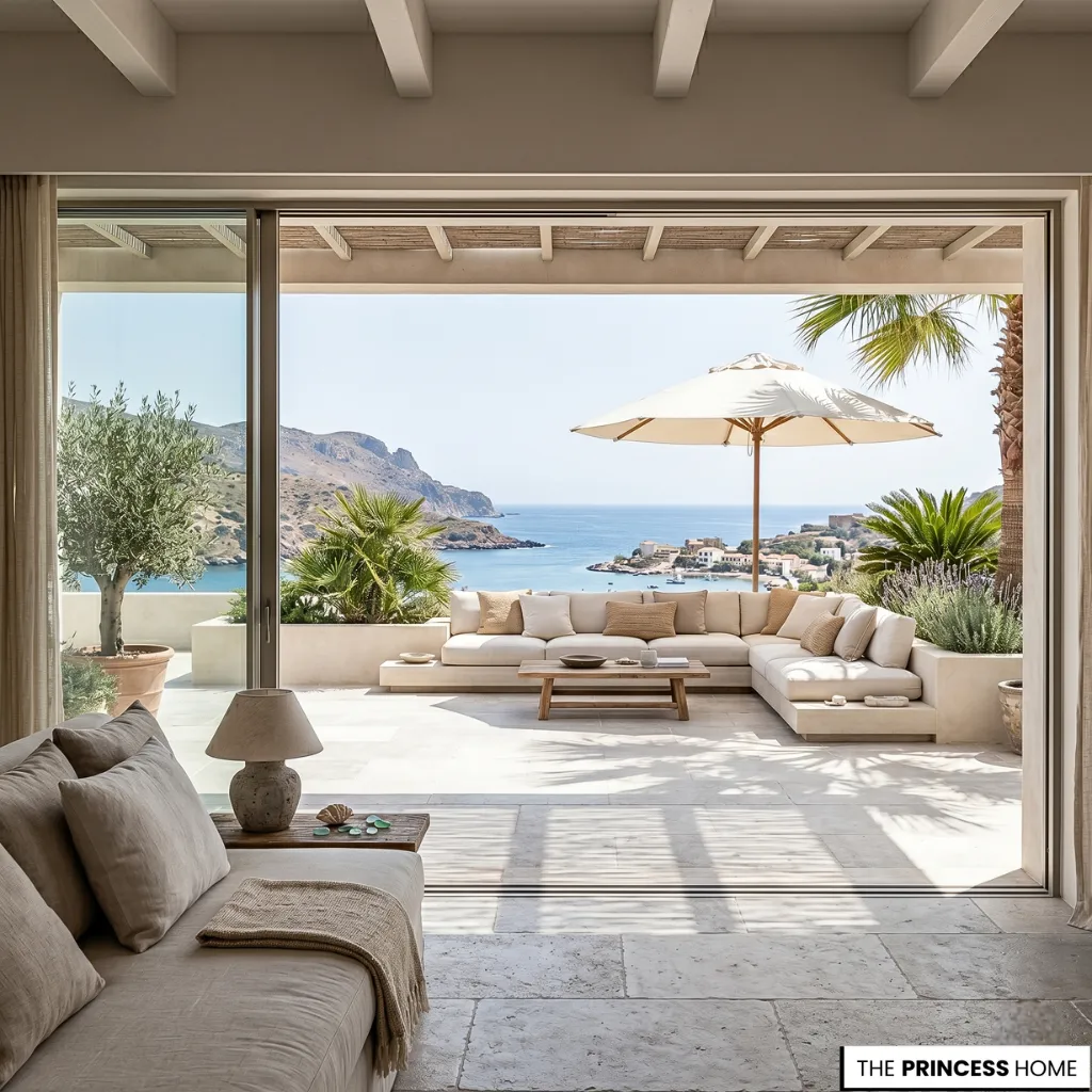 Luxurious Mediterranean patio with a large outdoor sectional, patio umbrella, and a stunning coastal sea view.