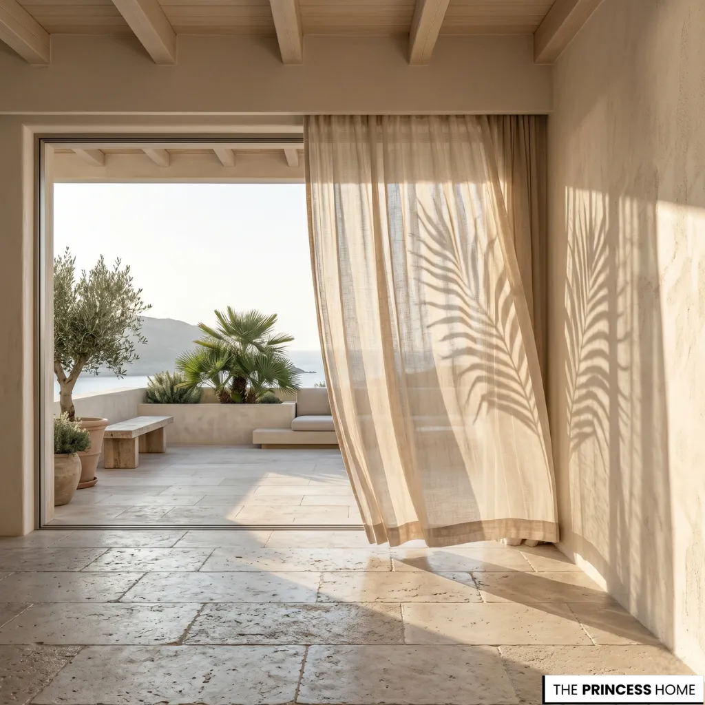 Mediterranean terrace with stone floors, sheer linen curtains, and a striking palm leaf shadow on the wall.