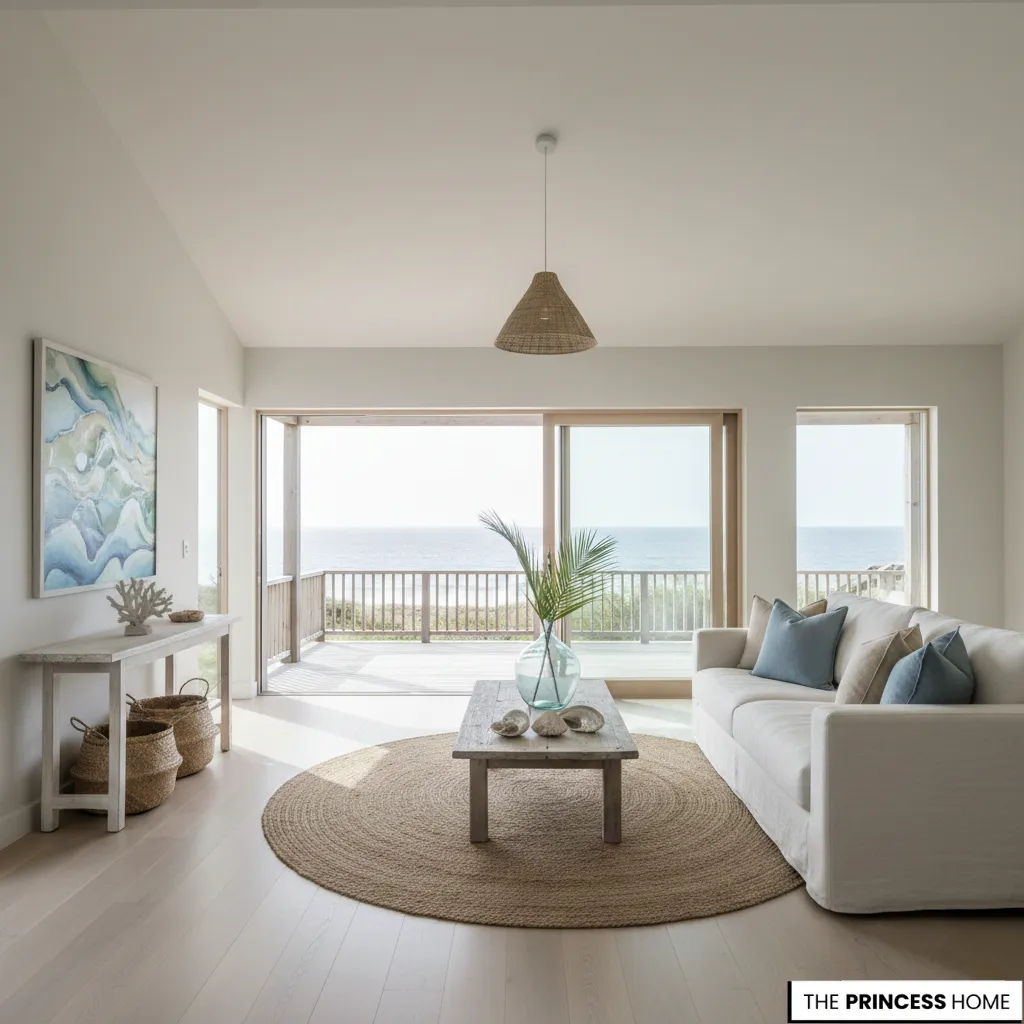 Minimalist coastal living room with a white sofa, round jute rug, woven pendant light, and open balcony overlooking the ocean.