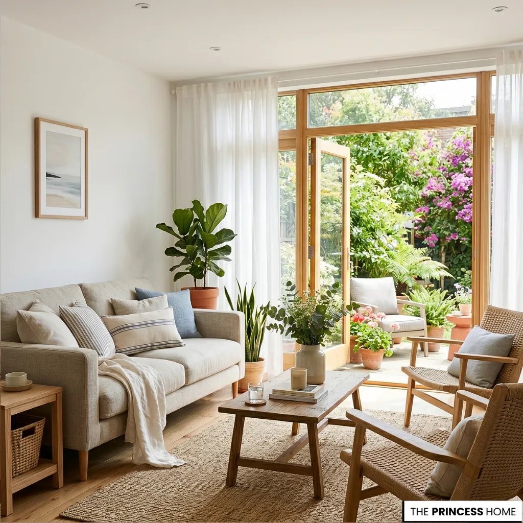 Bright boho living room with a beige sofa, wooden coffee table, and large glass doors opening to a lush garden.