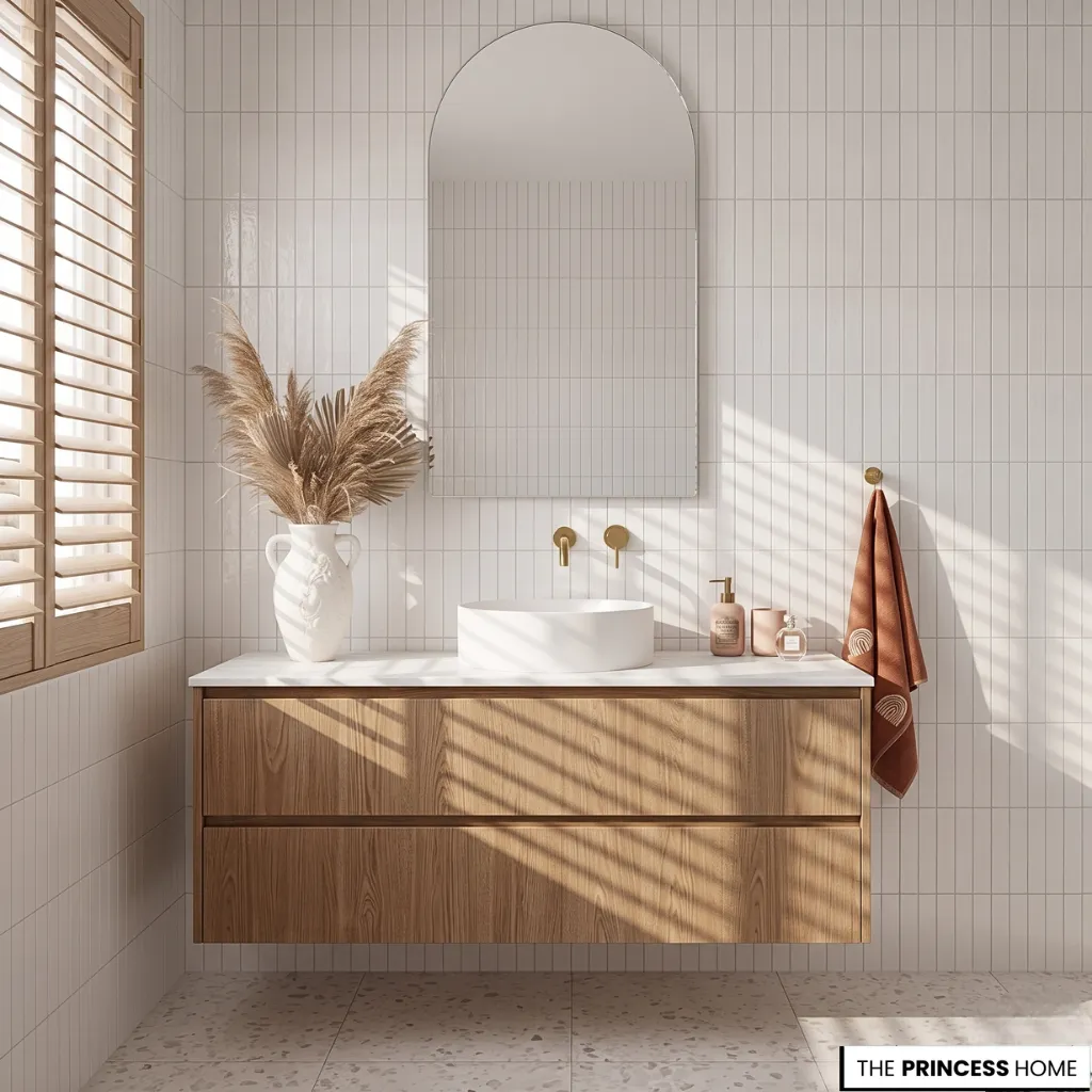 Modern coastal bathroom with a wooden floating vanity, vessel sink, arched mirror, and decorative pampas grass.