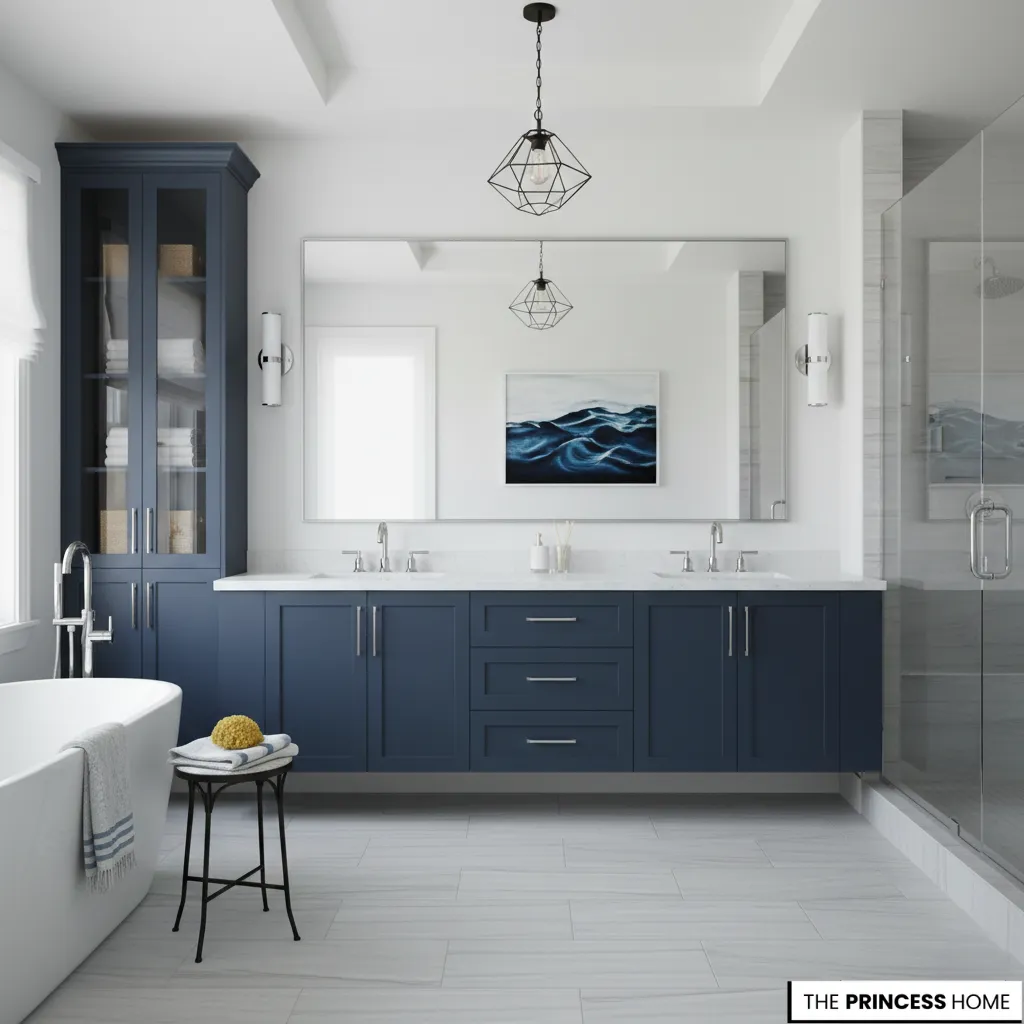 Modern coastal bathroom with navy double vanity, glass shower, freestanding tub, and bright white interior.