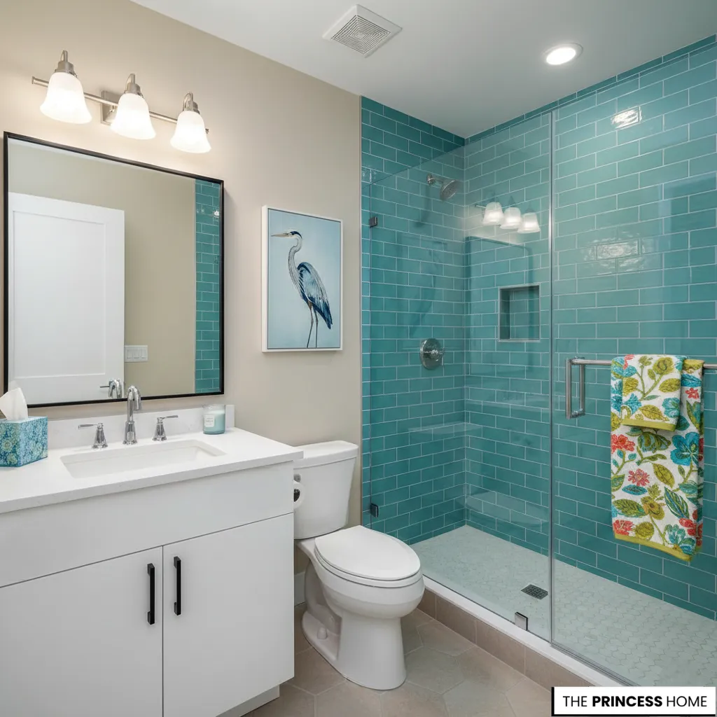 Modern coastal bathroom with teal subway tiles, glass shower, white vanity, and coastal wall art.