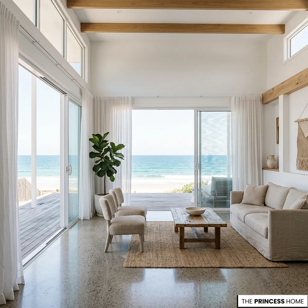 Modern coastal living room with polished concrete floors, wood ceiling beams, cream furniture, and large glass doors to the beach.