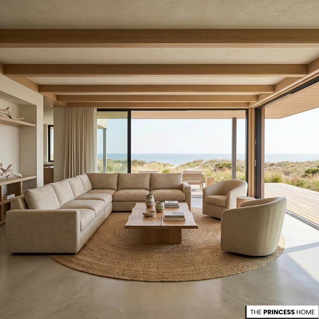 Modern coastal living room with exposed wood beams, beige sectional, round jute rug, and expansive ocean views.
