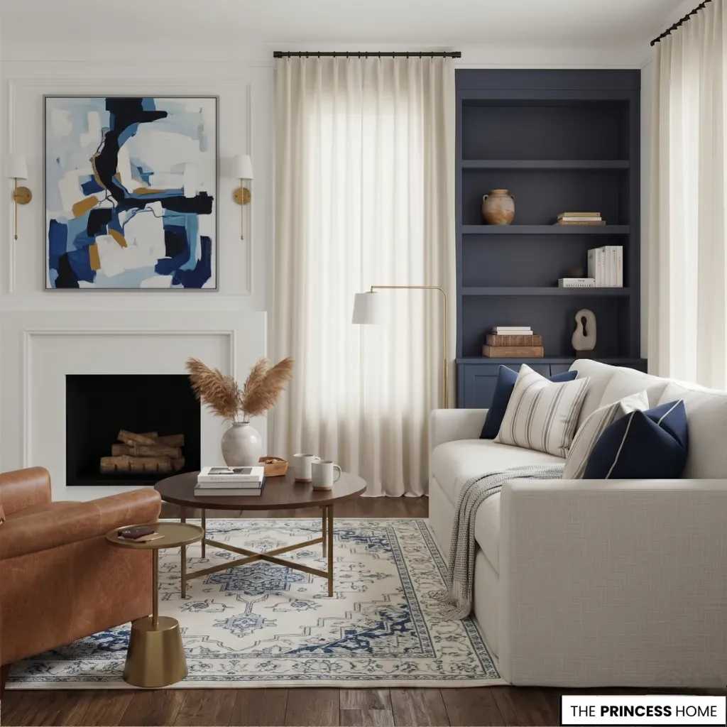 A bright modern living room blending Ralph Lauren style with navy blue built-in shelves, a white linen sofa, an abstract blue painting, and a tan leather chair.
