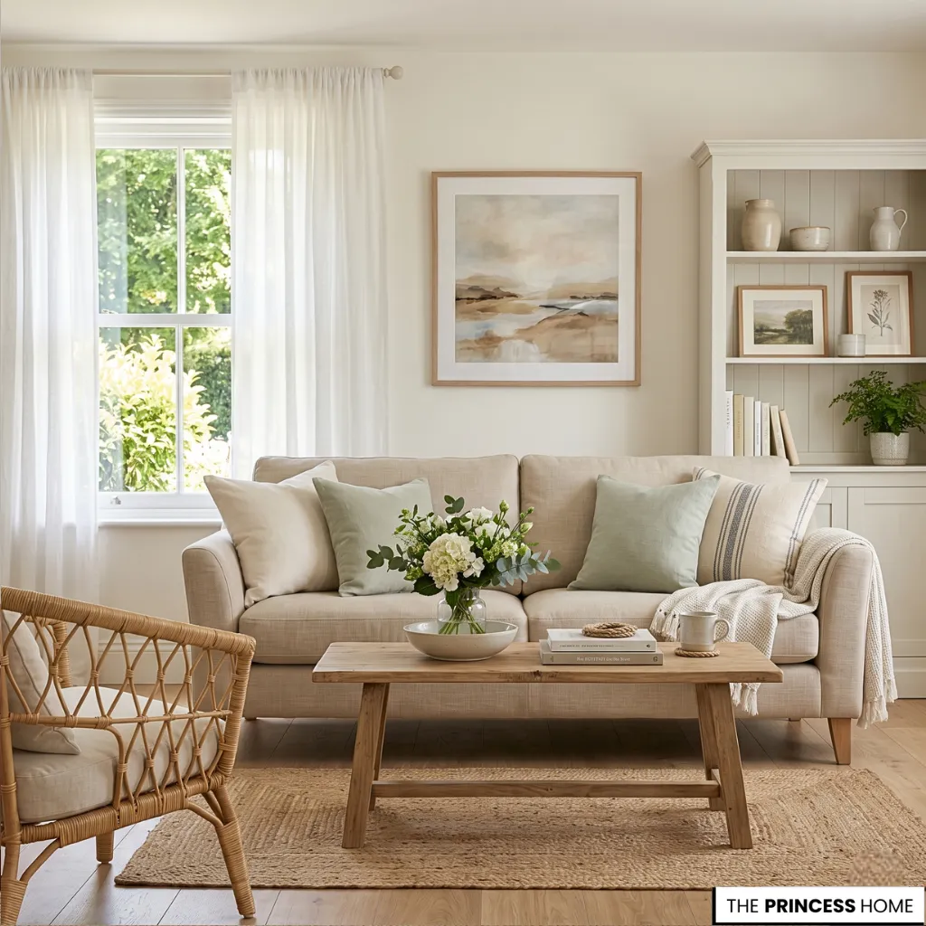 Neutral cottage living room with a beige sofa, wooden coffee table, rattan chair, and a bright window with sheer curtains.