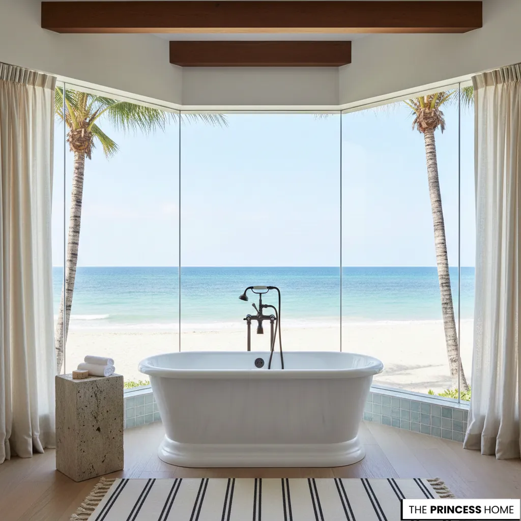 Luxury bathroom with a white freestanding bathtub overlooking a sandy beach, palm trees, and the blue ocean.