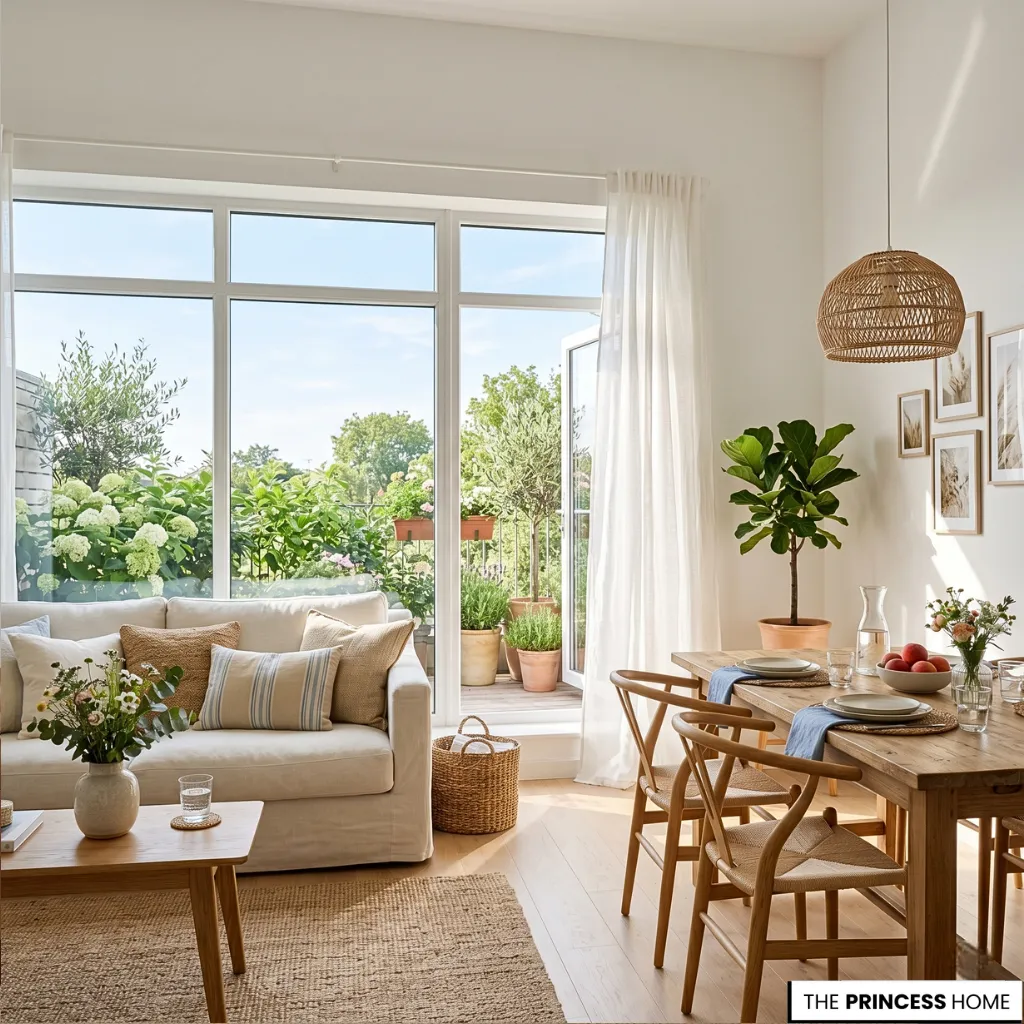Bright open-concept living and dining area featuring a white sofa, wooden table, and large windows opening to a lush green balcony.