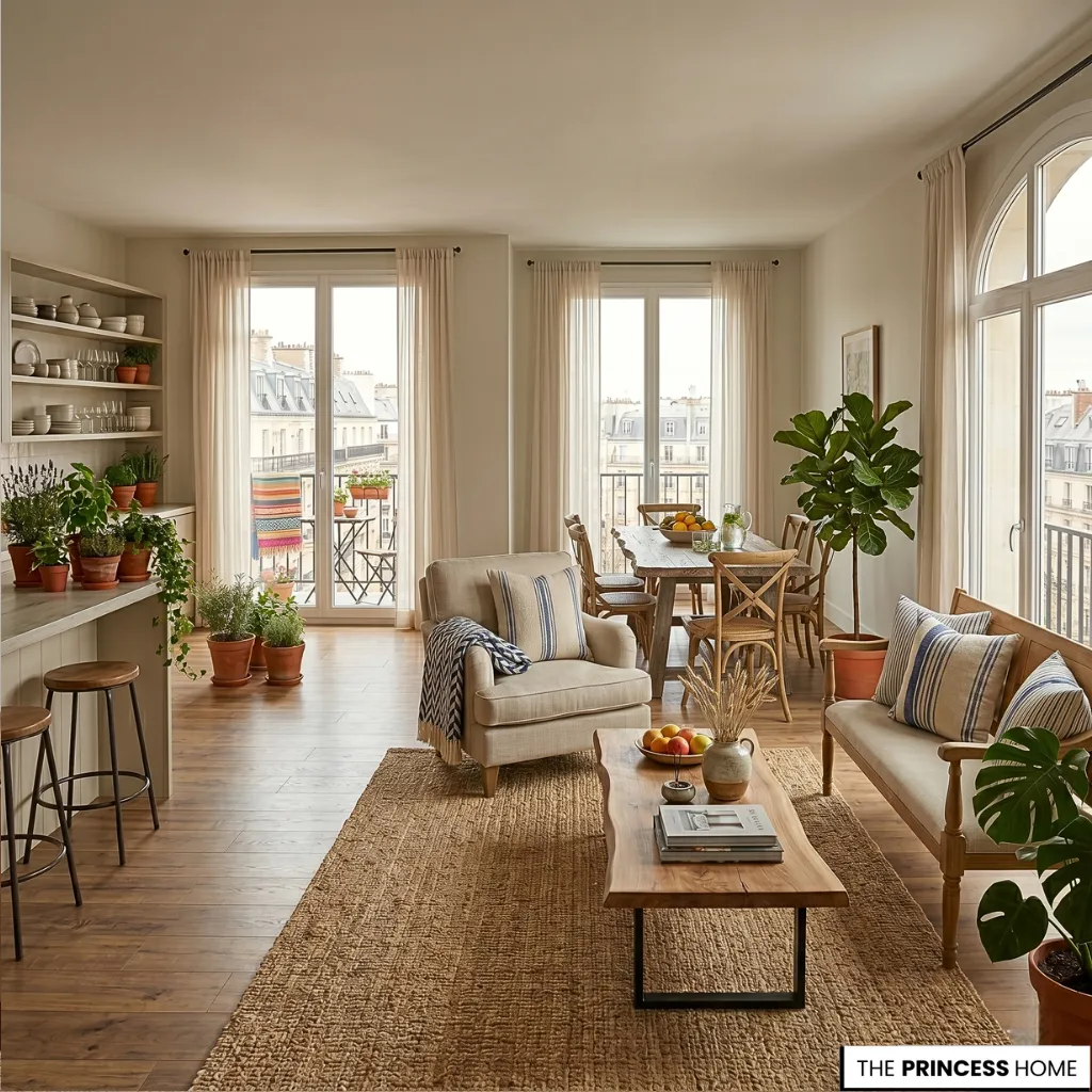 Bright Parisian open-plan apartment with a wooden coffee table, jute rug, striped cushions, and tall balcony windows.