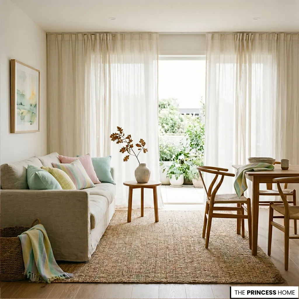 Bright open-concept living and dining room with sunlight streaming through sheer linen curtains, featuring a beige linen sofa