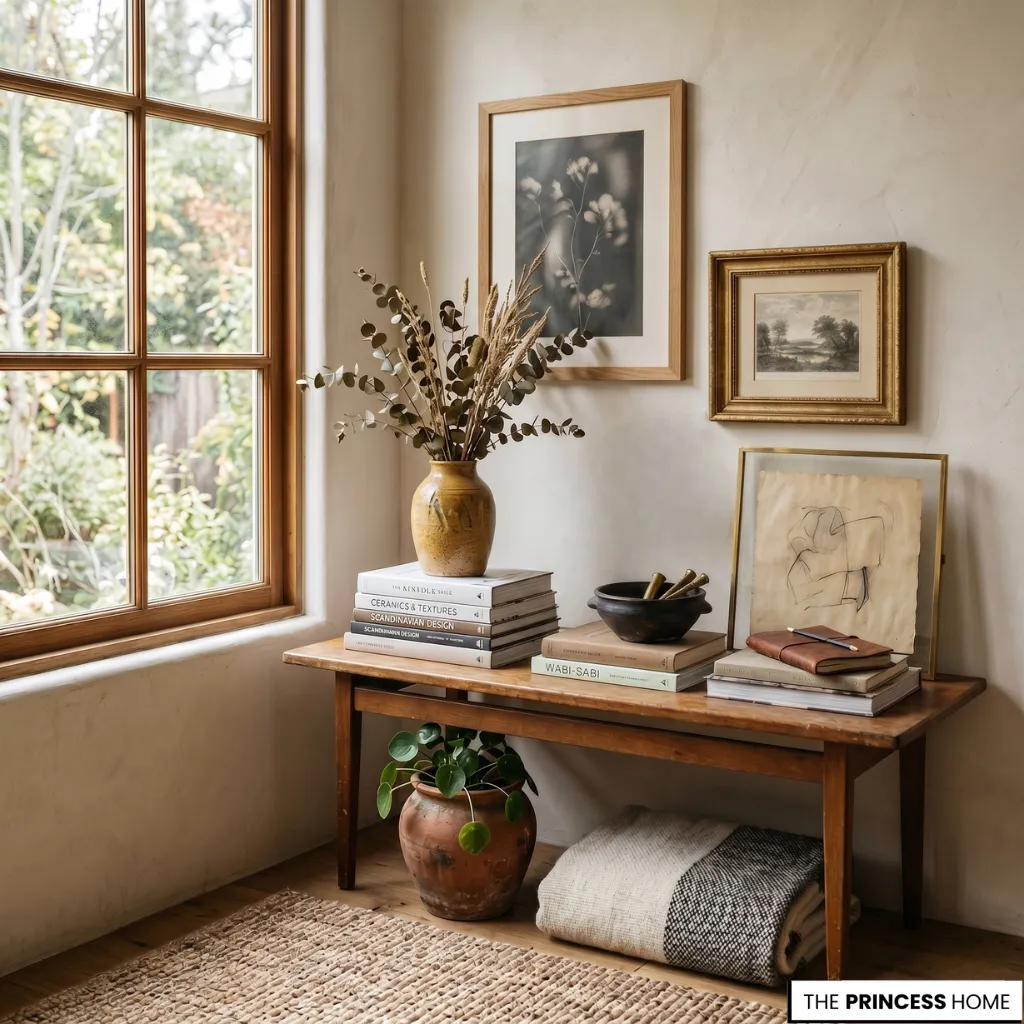 A quiet luxury styled corner with books, ceramics, and vintage framed art.