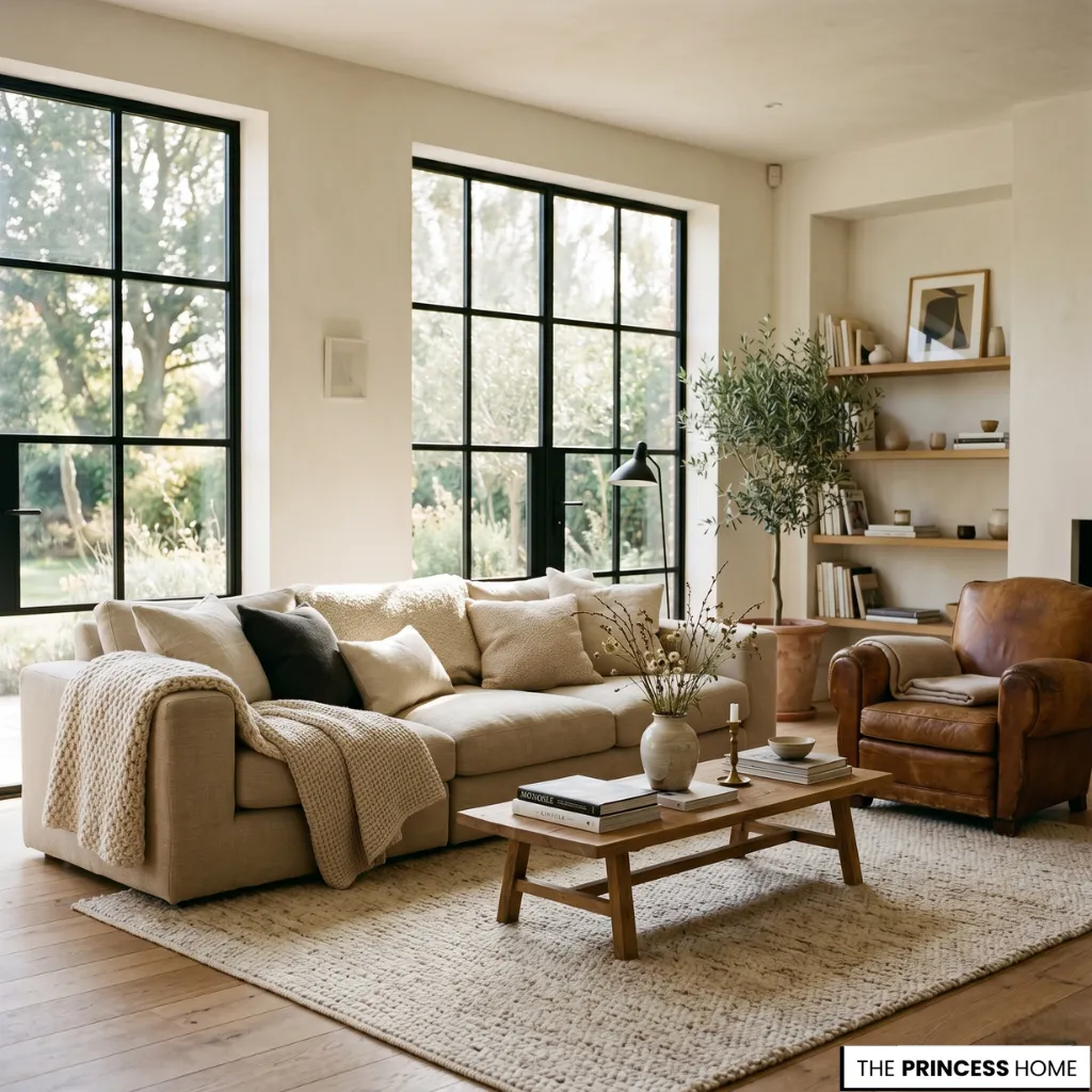 A quiet luxury living room interior with neutral tones, wool textures, and soft natural lighting.
