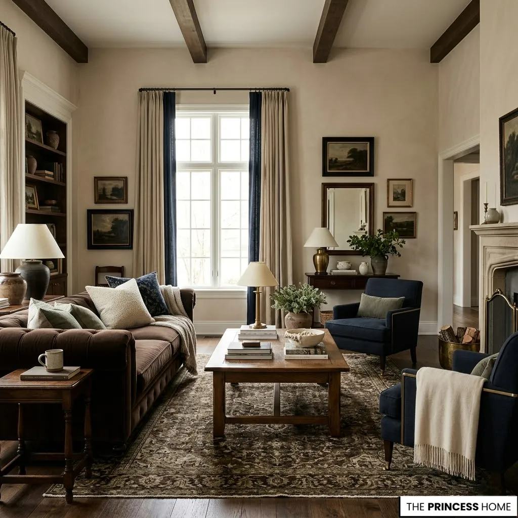 A quiet luxury interior featuring heritage-inspired color palette with warm neutrals and deep tones.