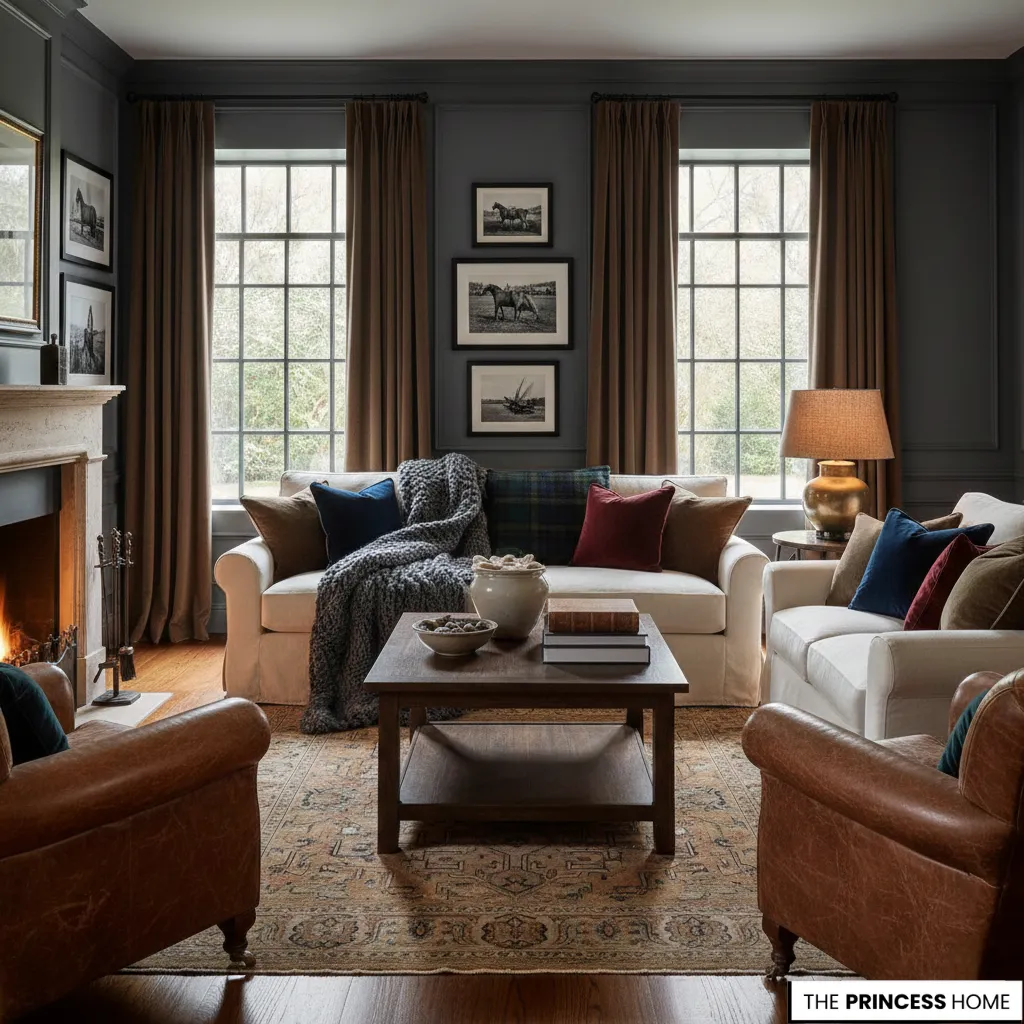 Quiet luxury living room with charcoal walls, leather armchairs, a cream sofa, and rich brown curtains.