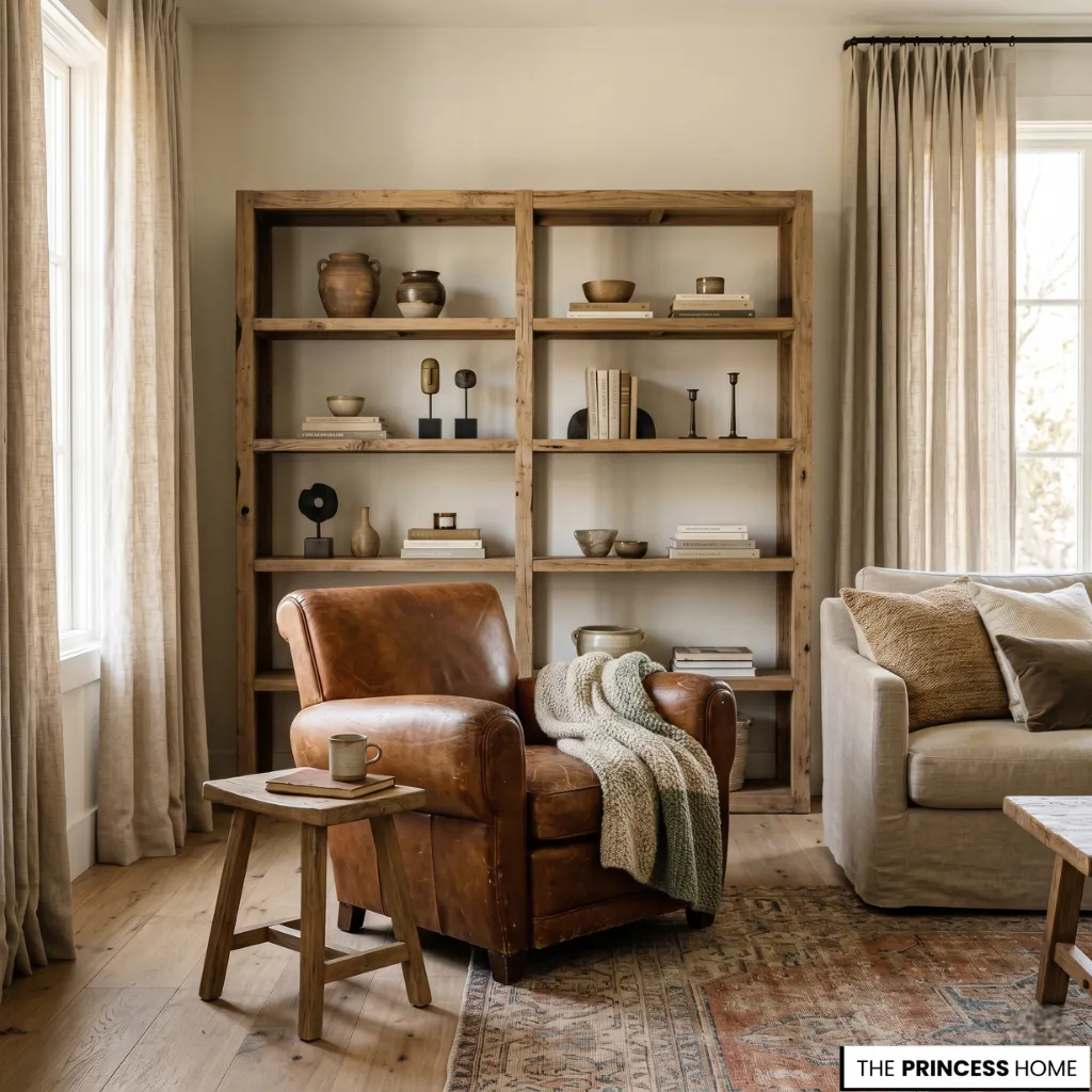 An interior with wood, leather, and linen textures inspired by quiet luxury design style.