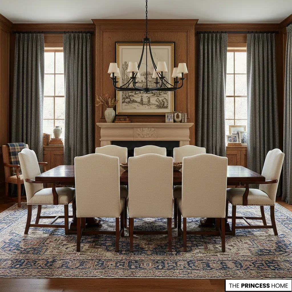 Ralph Lauren style dining room featuring beige upholstered chairs, dark grey drapes, and an elegant chandelier.