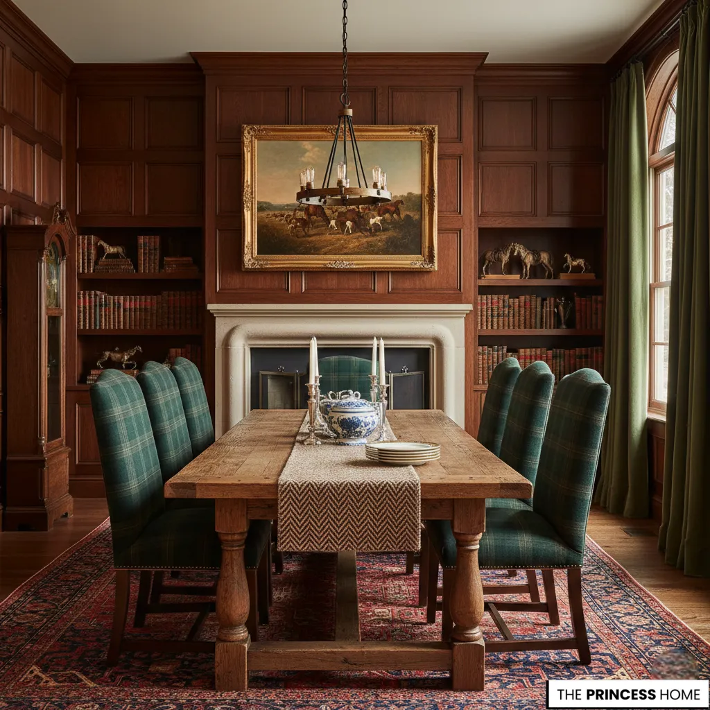 Ralph Lauren style dining room with a wooden table, green plaid chairs, a fireplace, and mahogany wall paneling.