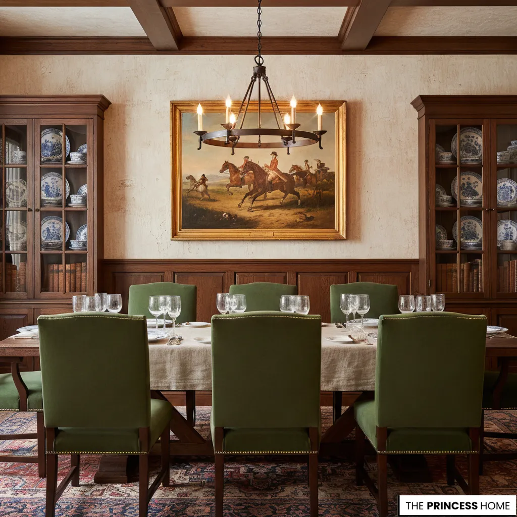 Traditional dining room with green velvet chairs, a large horse oil painting, and glass display cabinets.