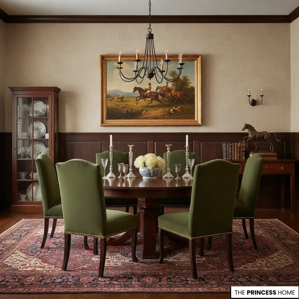 A Ralph Lauren dining room with dark oak furniture, brass accents, and heritage-inspired luxury interiors.