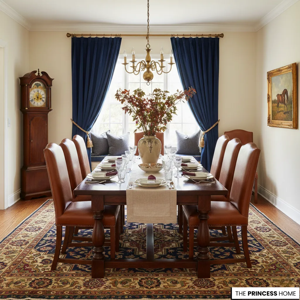 A Ralph Lauren dining room featuring warm heritage colors with rich navy, cream, and tobacco brown tones.