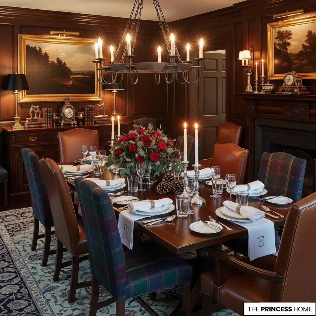 A Ralph Lauren dining room with layered lighting, chandelier, and warm luxury ambiance.