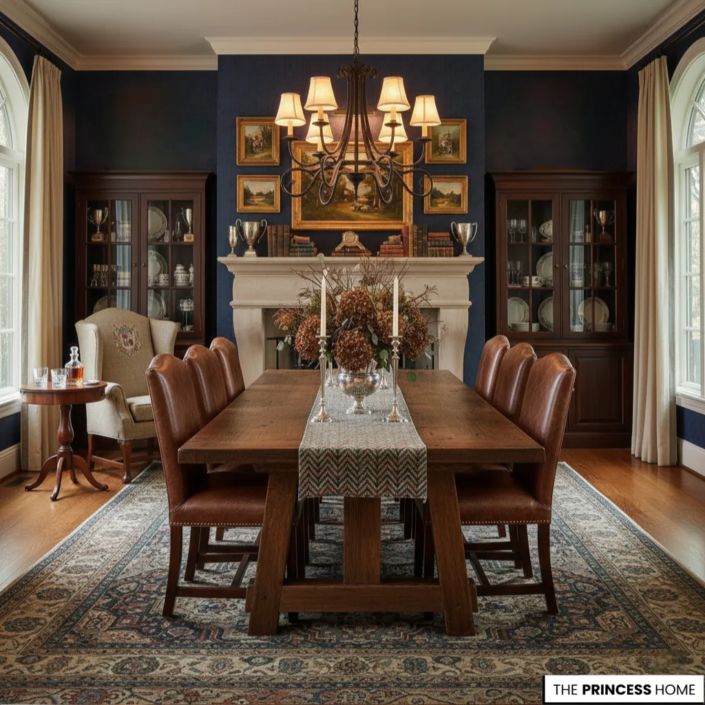 A Ralph Lauren dining room highlighting natural wood, leather, linen, and brass materials.